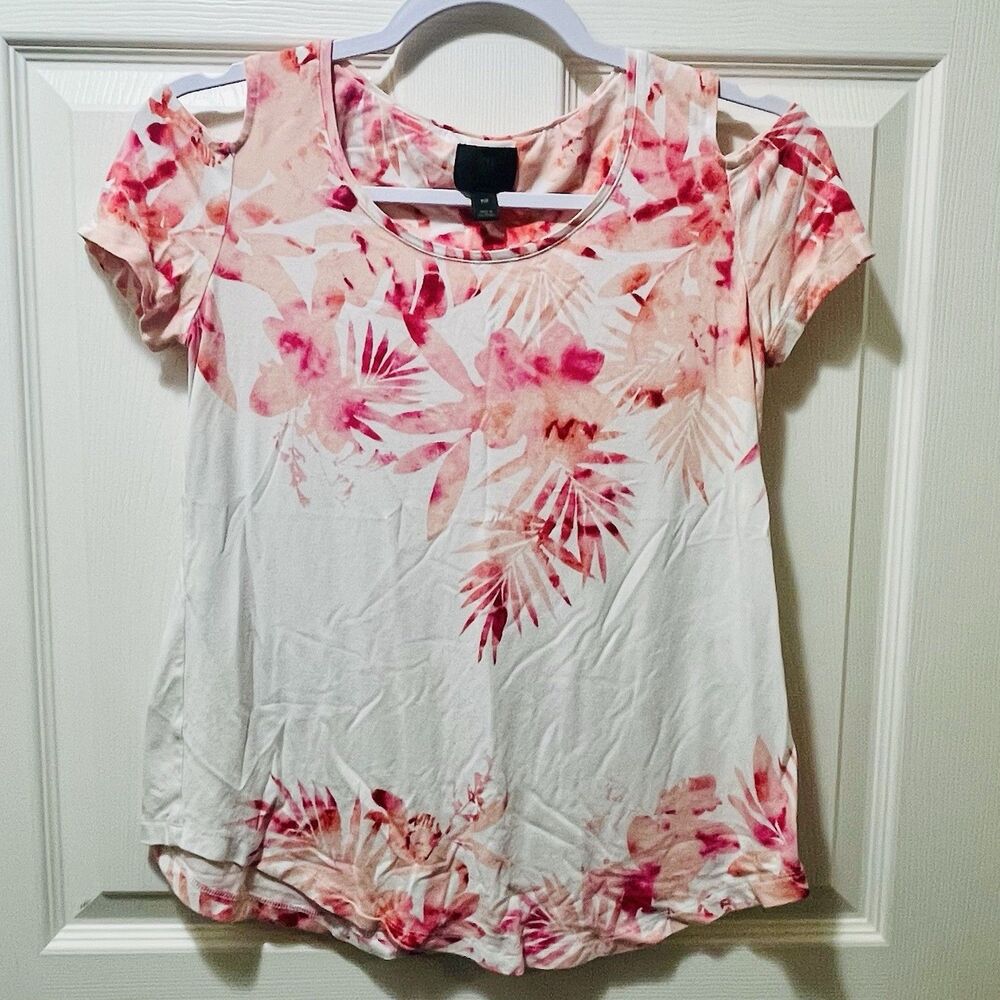 JM Collection Tropical Floral Cold Shoulder Top Size Petite P Pink Palm Beach